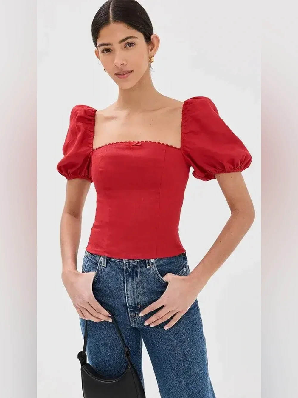 Reformation Marella Red Square-Neck Puff Sleeve Linen Top